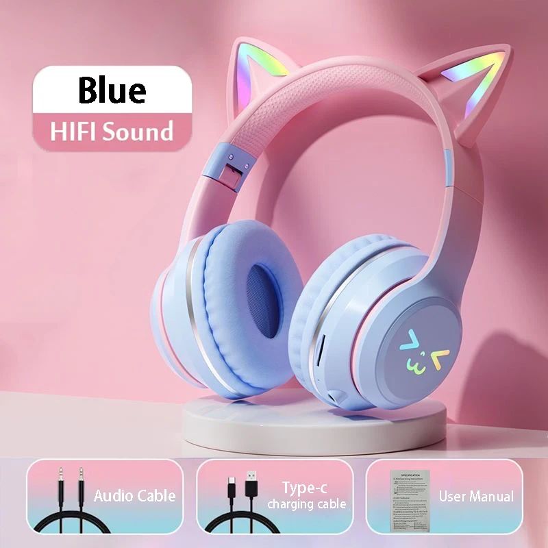 Casque audio enfant Bluetooth RGB chat bleu rose