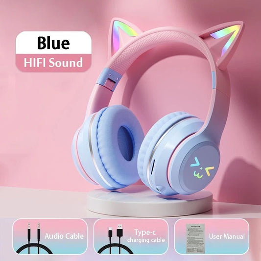 Casque audio enfant Bluetooth RGB chat bleu rose