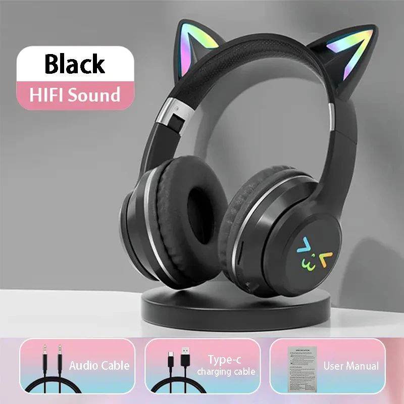 Casque audio enfant Bluetooth RGB chat noir