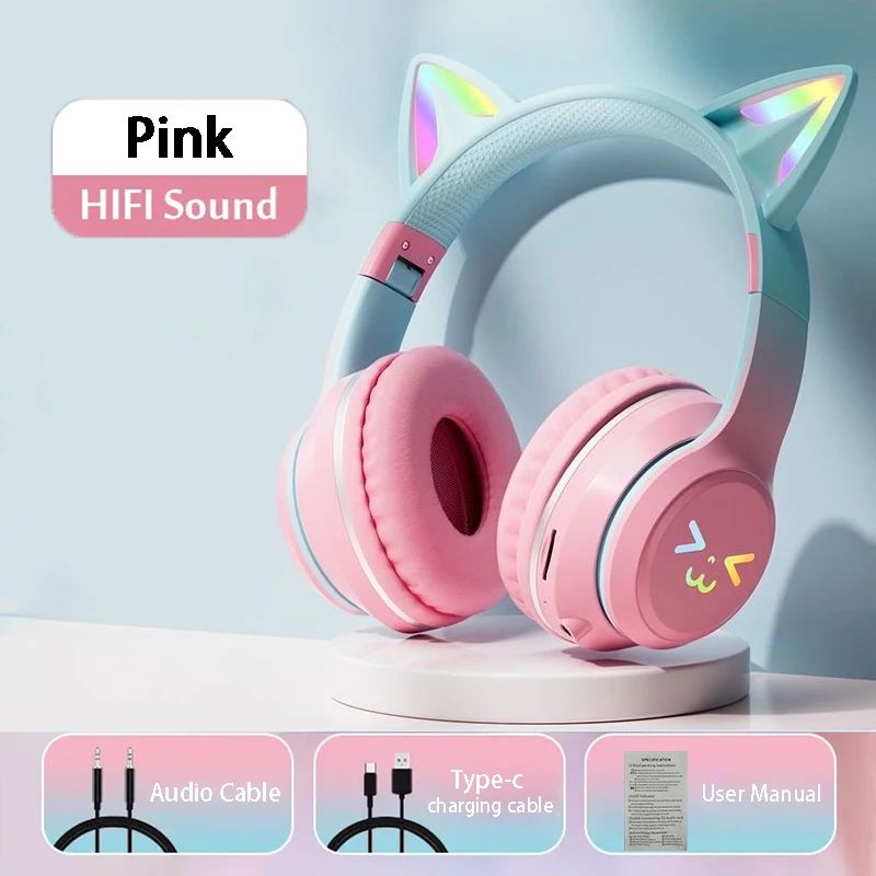 Casque audio enfant Bluetooth RGB chat rose vert