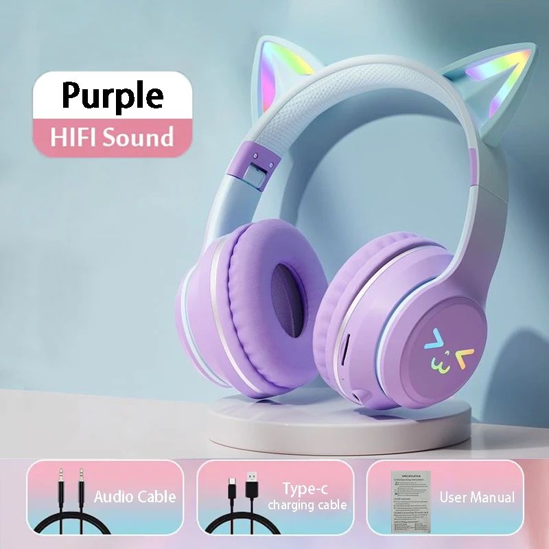 Casque audio enfant Bluetooth RGB chat violet