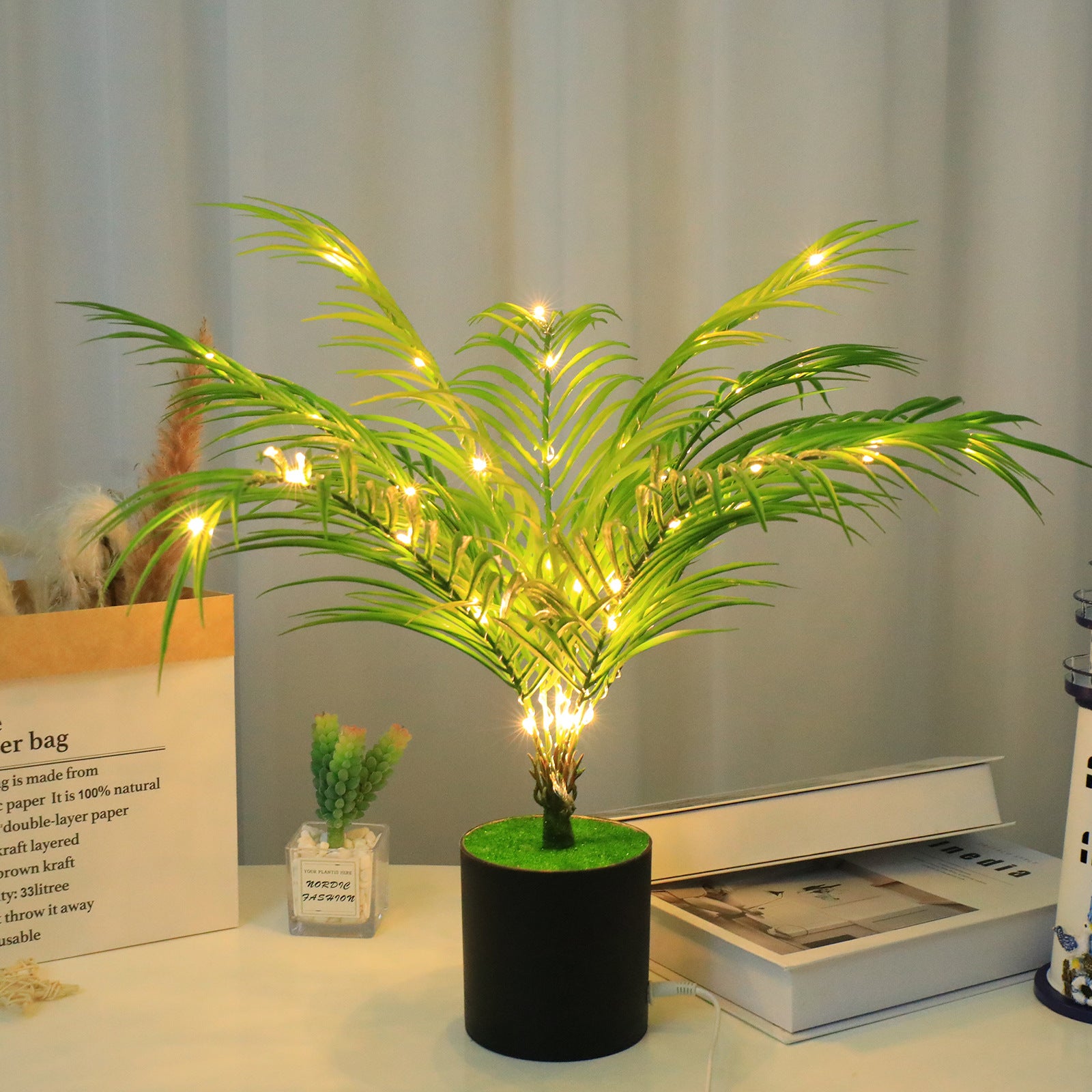 Lampe LED décoration Papyrus Cyperus artificiel