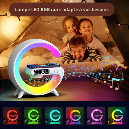 Lampe LED enceinte chargeur sans fil réveil RGB ambiance