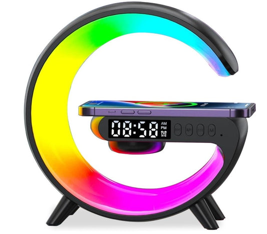 Lampe LED enceinte chargeur sans fil réveil RGB noire