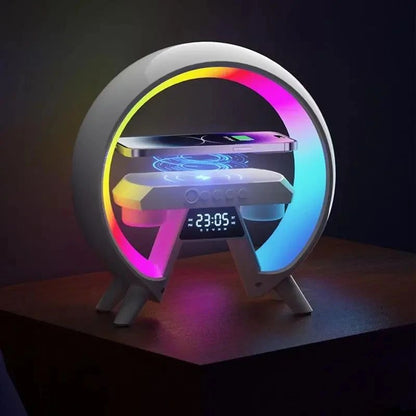 Lampe led rgb enceinte musicale Bluetooth rechargeable chargeur tel Oméga expo