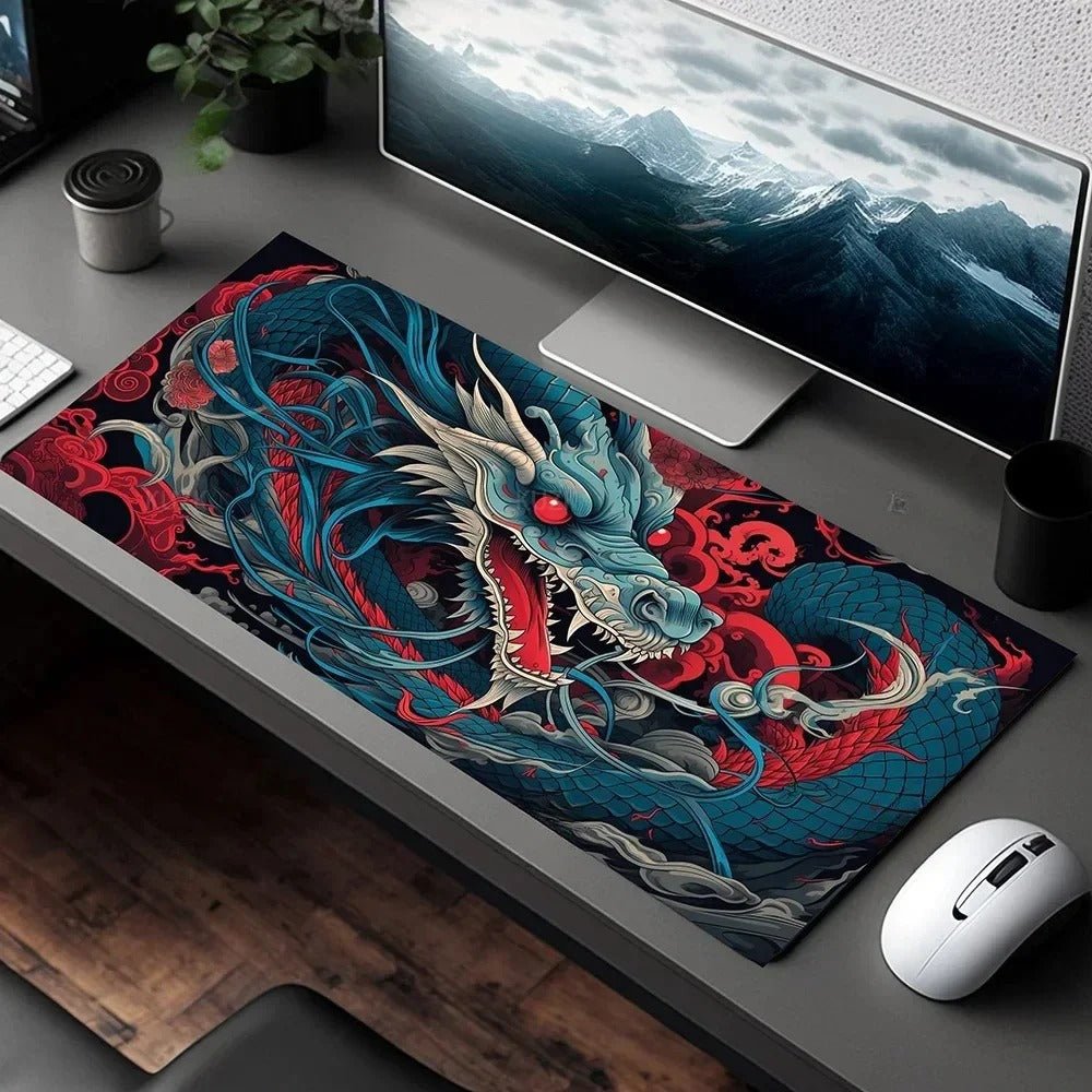 Sous main bureau xxl dragon bleu nuages rouge