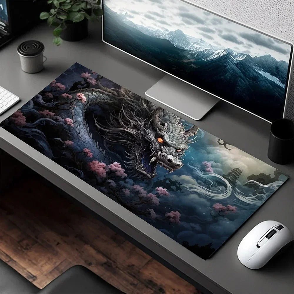Sous main bureau xxl dragon gris fleurs roses temple