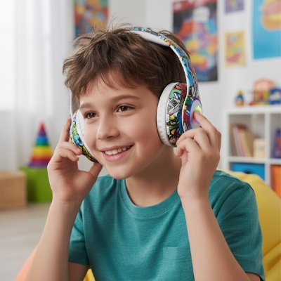 Casque audio enfant garçon écoute la musique