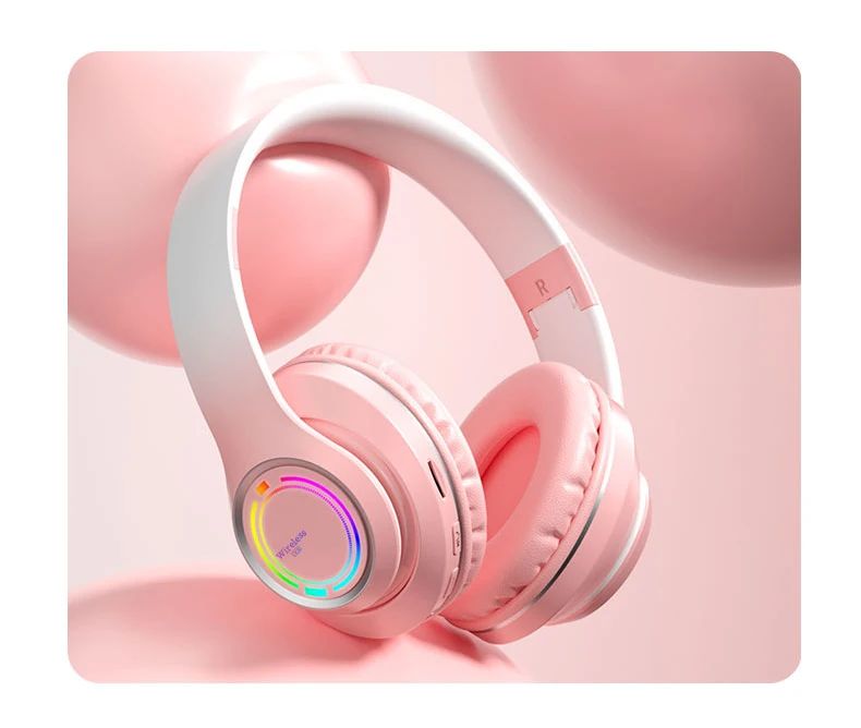 Casque audio enfant RGB Bluetooth réduction de bruit rose et blanc
