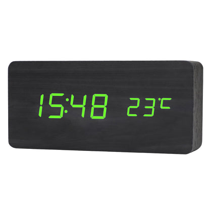 Horloge led bureau date température alarme pvc bois noir