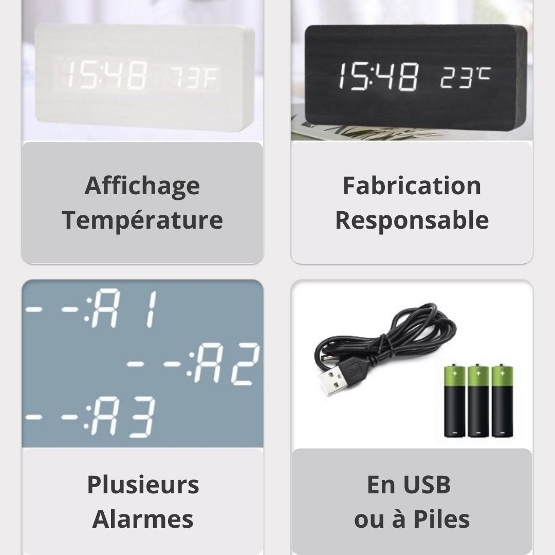 Horloge led de bureau date température et alarmes USB