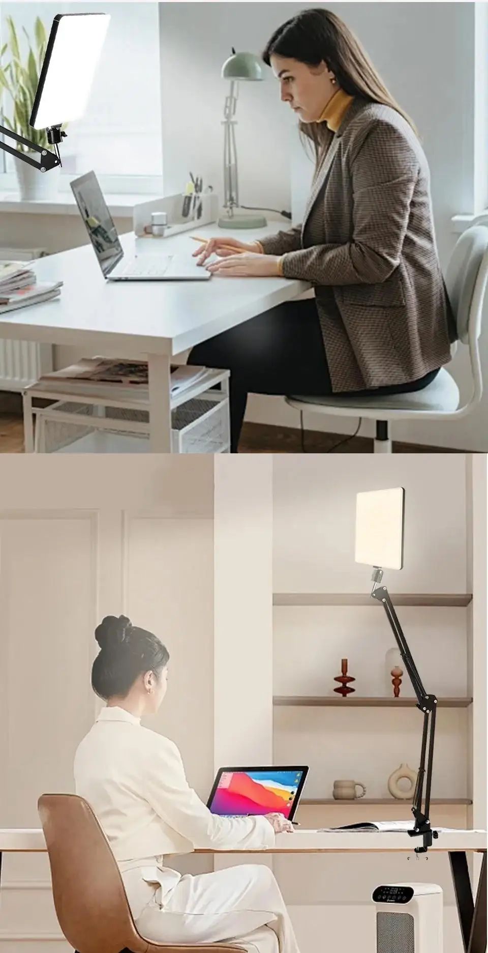 Lampe de bureau panneau 240 leds 2 bras articulés au travail